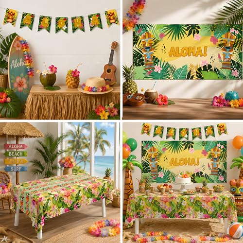Aloha Luau Party Decorations Set - Yellow Hawaiian Theme Backdrop & Tablecloth