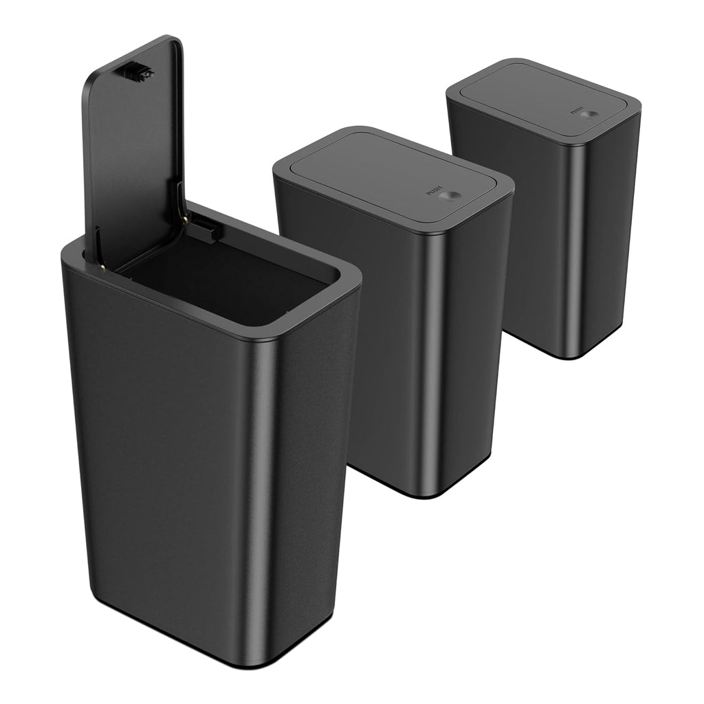 NETDOT 10 Liter Slim Trash Can - 3 Pack with Lid for Bathroom, Kitchen, Office | Black Waste Basket