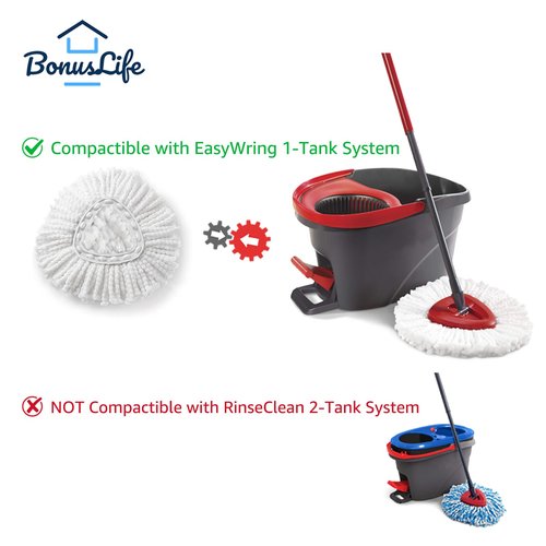 BonusLife 1 Pack Mop Refill and 1 Mop Head Base Part for O-Ceda EasyWrin Spin Mop Refill 1-Tank System Only Easy Cleaning Microfiber Replacement