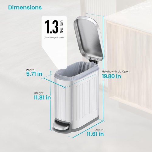 Home Zone Living 1.3 Gallon Small Trash Can with a Lid and Step Pedal, Stainless Steel with Slim Ribbed Design for Home and Office, Silver, 5 Liters