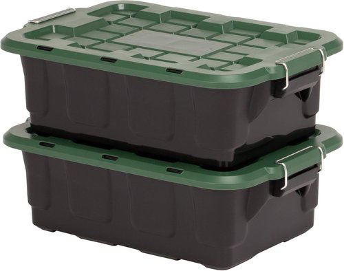 HOMZ 10-Gallon Stackable Storage Bins - Durable Plastic Containers with Latching Handles | Black/Green, 2-Pack