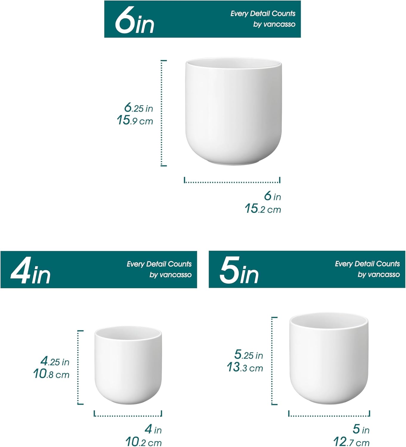 Vancasso Ceramic Plant Pots - Set of 3 (4", 5", 6") | Modern Indoor Planters with Drainage Holes