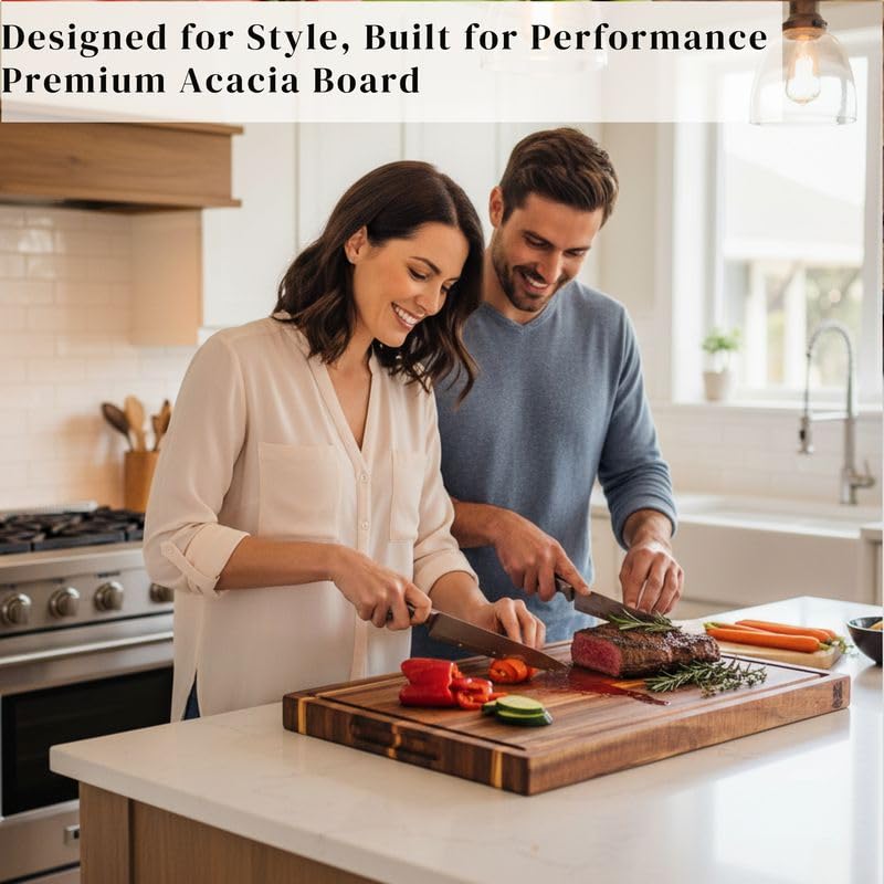 Premium Acacia Wood Cutting Board, 24" x 18" x 1.5" Thick Butcher Block for Meat, BBQ, Brisket & Meal Prep, Deep Juice Groove, Solid Hardwood, Non Toxic, BPA/Plastic Free by New M Way