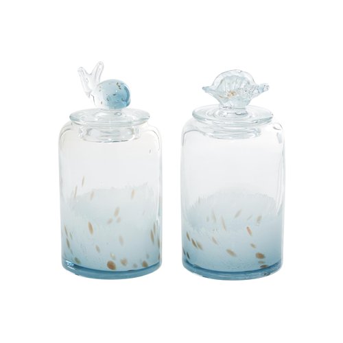 Deco 79 Glass Shell Handmade Living Room Decorative Jars Decorative Container with Whale and Seashell Tops, Set of 2 Jar with Lid 5"W, 9"H, Blue