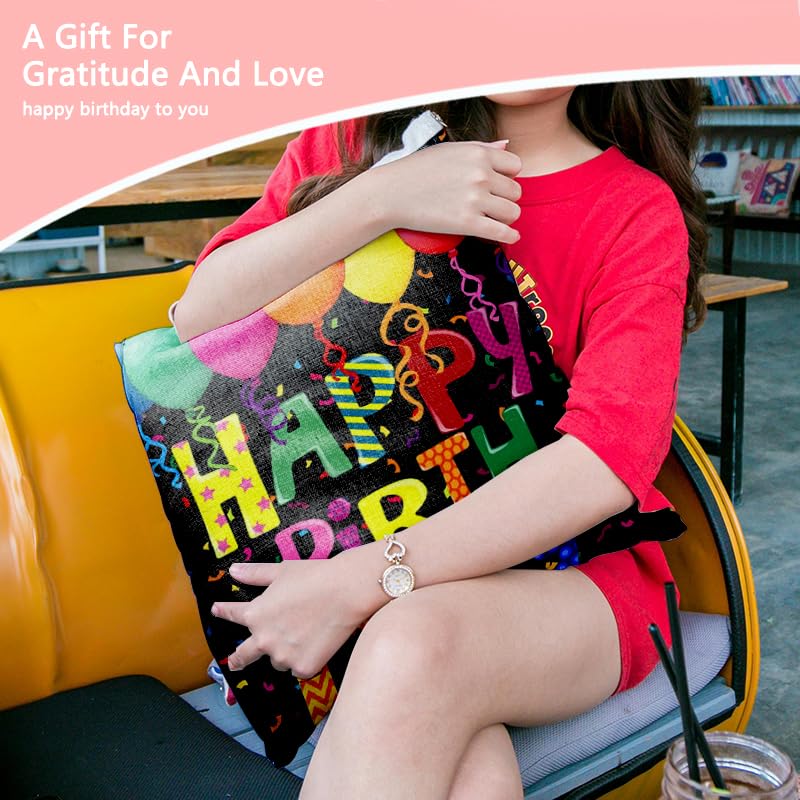 Happy Birthday Throw Pillow Cover 18x18 Inch - Black Balloon Design, Gift for Kids & Teens - Sisadodo