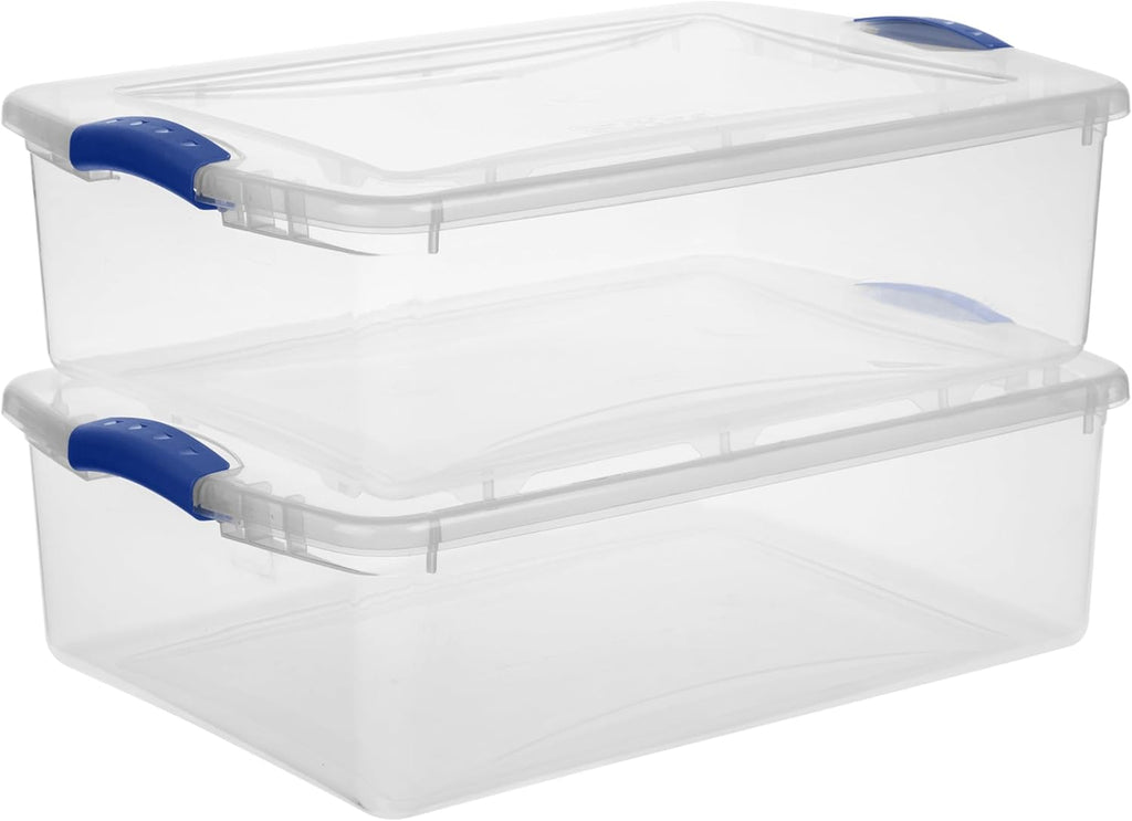 Sterilite 32 Quart Clear Plastic Storage Bins - Stackable Containers with Lids & Blue Latches for Home Organization