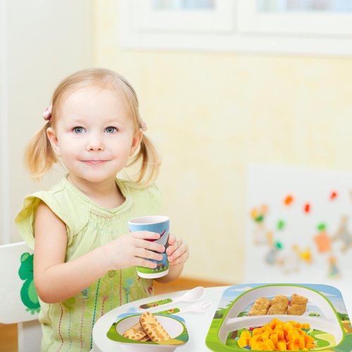 Qshare Bamboo Toddler Dinnerware Set,5Pcs Baby Plates and Bowls,Bamboo Kids Plates and Bowls Set,Kids Dishes Dinnerware Sets with Plate,Bowl,Cup,Fork and Spoon (Tyrannosaurus)