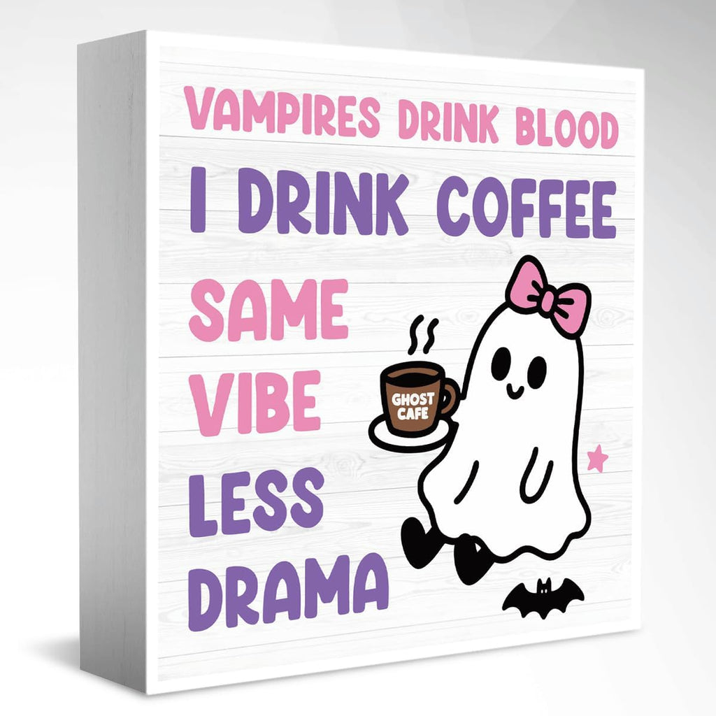 Skiennix Halloween Office Decor - Cute Ghost Coffee Bar Sign for Home & Bedroom | 5x5 Inches