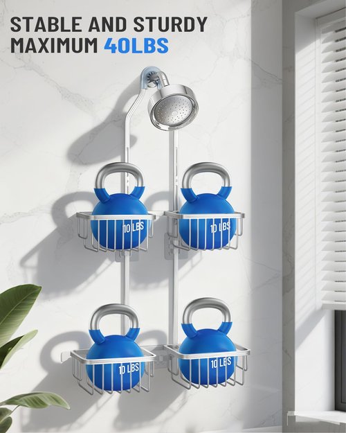 MSAICOE Adjustable Shower Caddy Hanging for Handheld Showerheads - Upgraded Never Rust Shower Hanging Organizer, Bathroom Shower Rack with Soap Basket, Hooks and Toothbrush Holder (Shiny Silver)