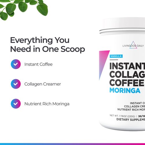 Livingood Daily Instant Collagen Coffee with Moringa, Vanilla - Low Acid, Shade Grown & Made with Organic Coffee - Metabolism, Detox & Energy Boosting - 12 Oz