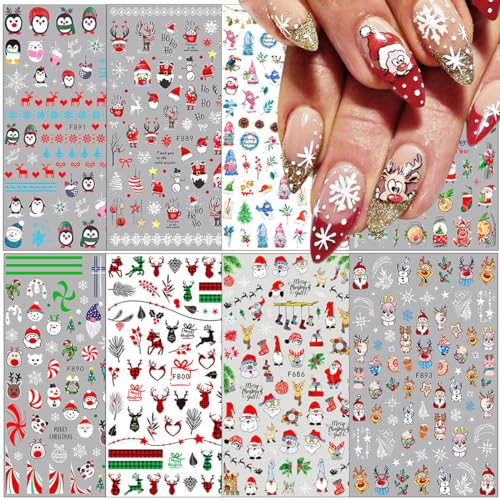 8 Sheets Christmas Nail Stickers 3D Winter Holiday Nail Decals