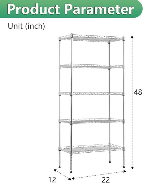 BestOffice 5-Tier Wire Storage Shelves - Heavy-Duty Chrome Racks | 22x12x48 | No-Tool Assembly, Holds Up to 750 lbs | Perfect for Home & Garage