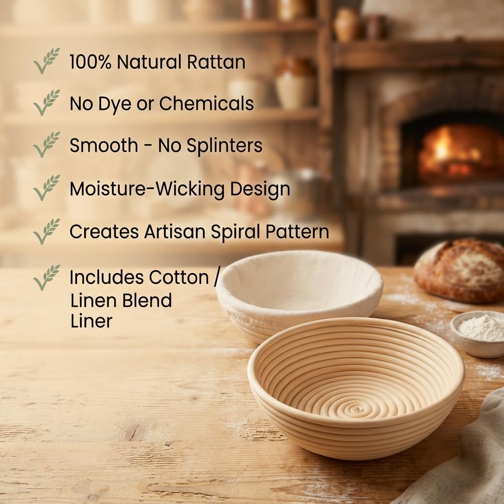 Saint Germain Bakery Premium Round Bread Banneton Basket - Set of 2 | 9" with Liner for Perfect Dough Rising