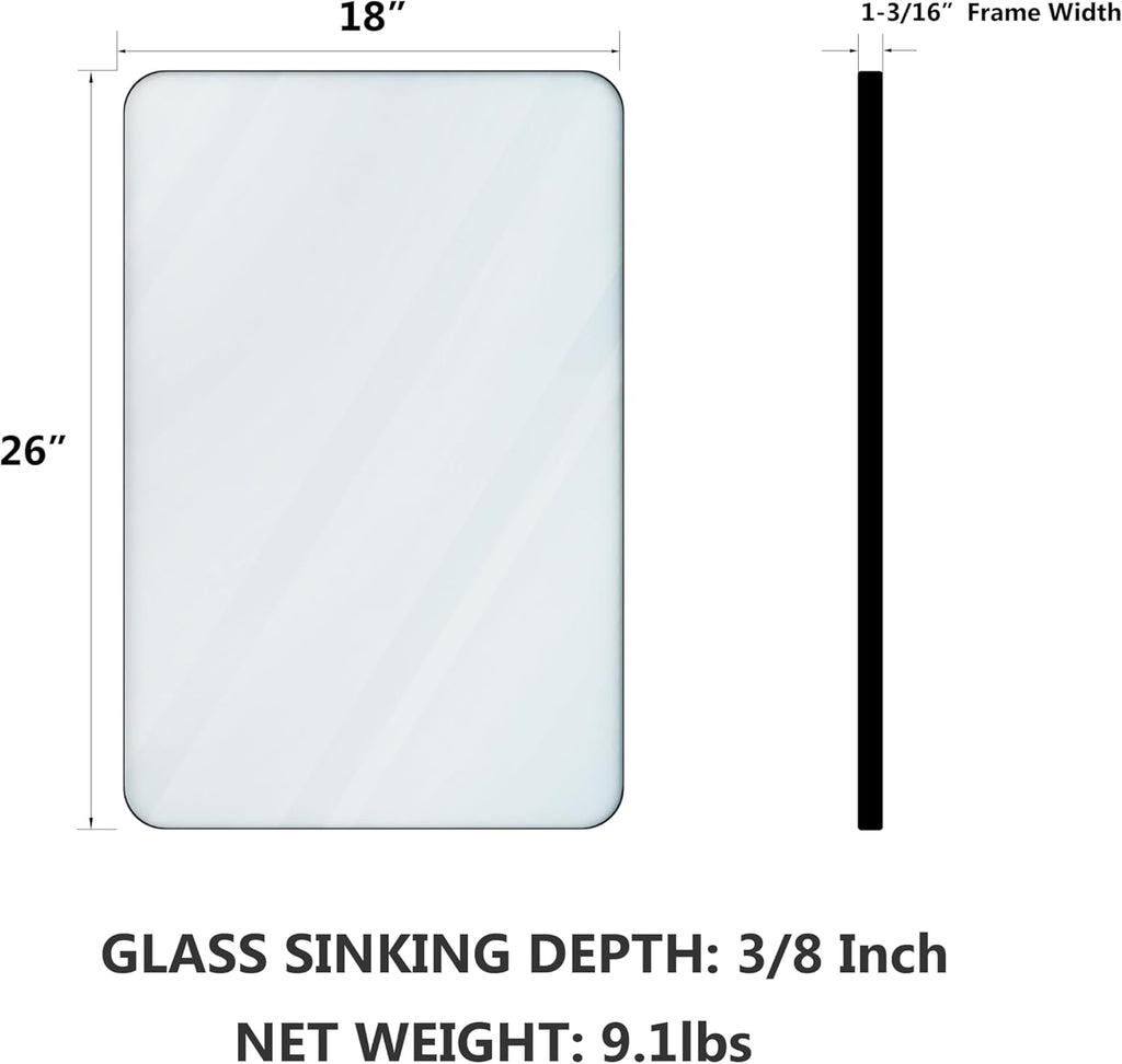 VocalStar Bathroom Mirror - 18 x 26 Inch Rounded Rectangle Metal Frame | Shatterproof Glass, Ultra-Flush Design