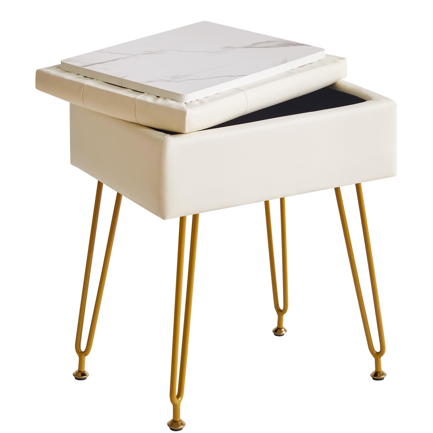 IBUYKE Multifunctional Storage Vanity Stool with Flip Tabletop, Adjustable Metal Legs & PU Leather - 40x30x48cm Ottoman Footrest for Makeup, Living Room, Entryway, White WBD014W