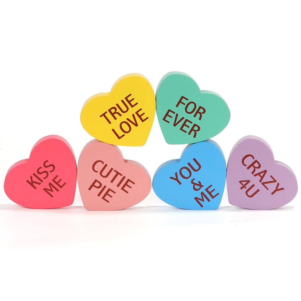 Valentines Day Decorations, 6 PCS Double-sided Wooden Valentine's Conversation Hearts for Tiered Tray Shelf Mantel Office Decor Freestanding Tabletop Wood Block Sweet Sayings for Home Decor Wedding