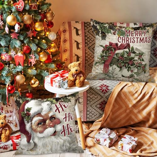 Lanpn Vintage 16x16 Christmas Pillow Covers Set of 4 - Retro Holiday Designs