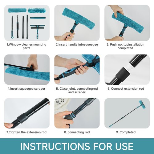 AIDELY 62" Window Squeegee, 2 in 1 Window Cleaning Tool with Telescopic Pole, Rotatable and Bendable Head for High Windows Indoor Outdoor, Includes 2 Blades & 2 Pads (Microfiber+Pads)