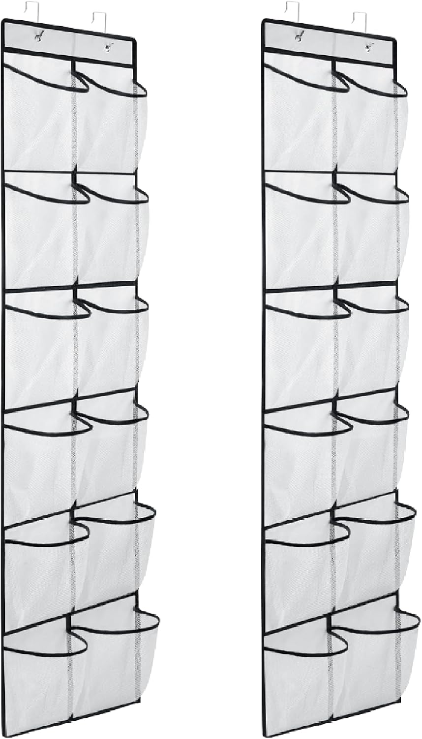 MSLOVE Over The Door Shoe Organizer - 12 Large Mesh Pockets for Closet Storage | White, 2 Pack