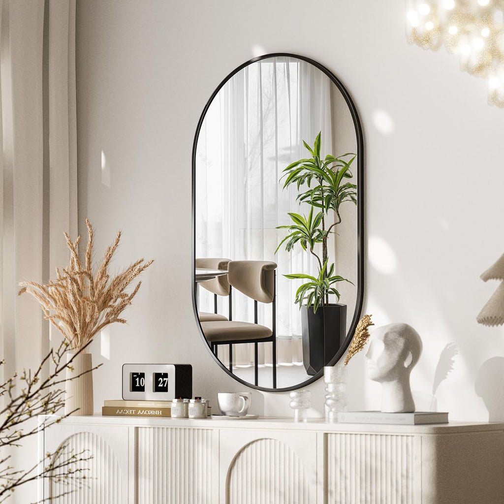VooBang Black Oval Wall Mirror, 17x30 inch Oval Bathroom Mirror, Wall Mounted Vanity Mirror with Metal Framed, Tempered Glass and Reflective High Definition, Mounted Horizontally or Vertically