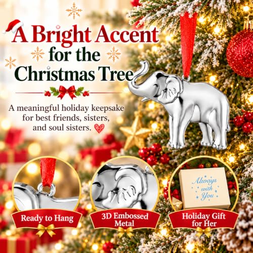 Elephant Christmas Ornament for Women - Silver Metal Sister Gift - Variation of Elephant