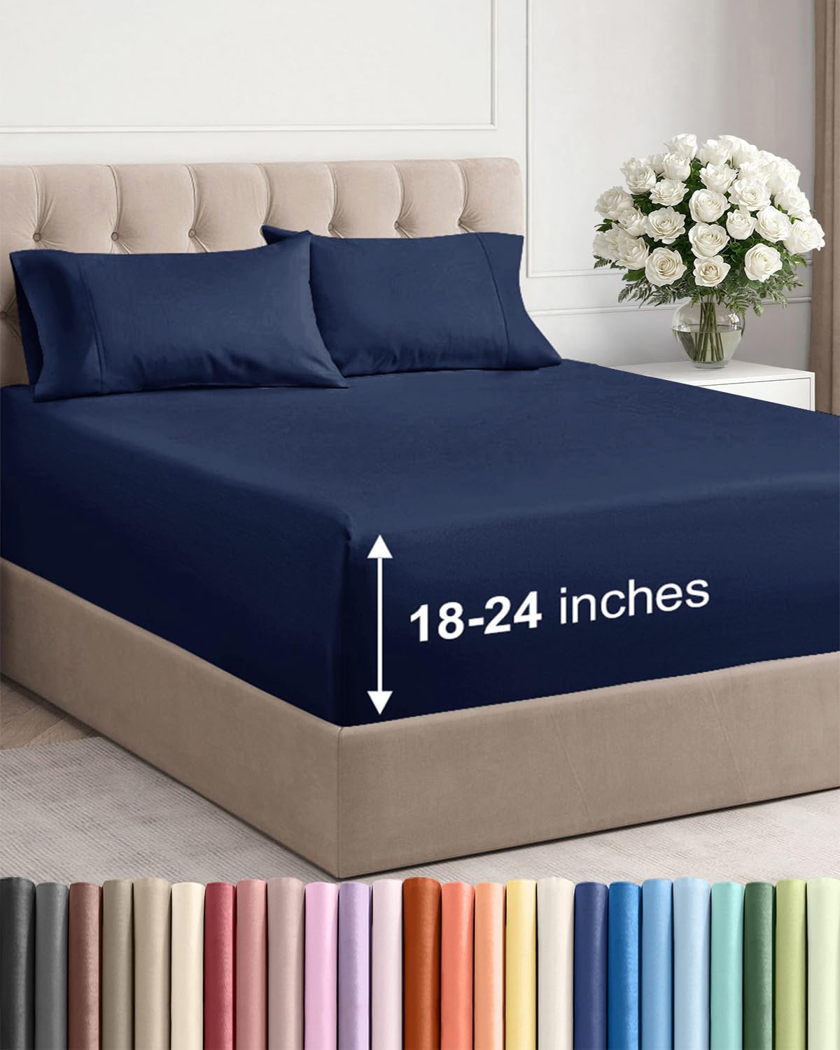 Skiennix Extra Deep Twin XL Sheet Set | 4-Piece Breathable Cooling Bedding - Soft, Wrinkle-Free, Navy Blue