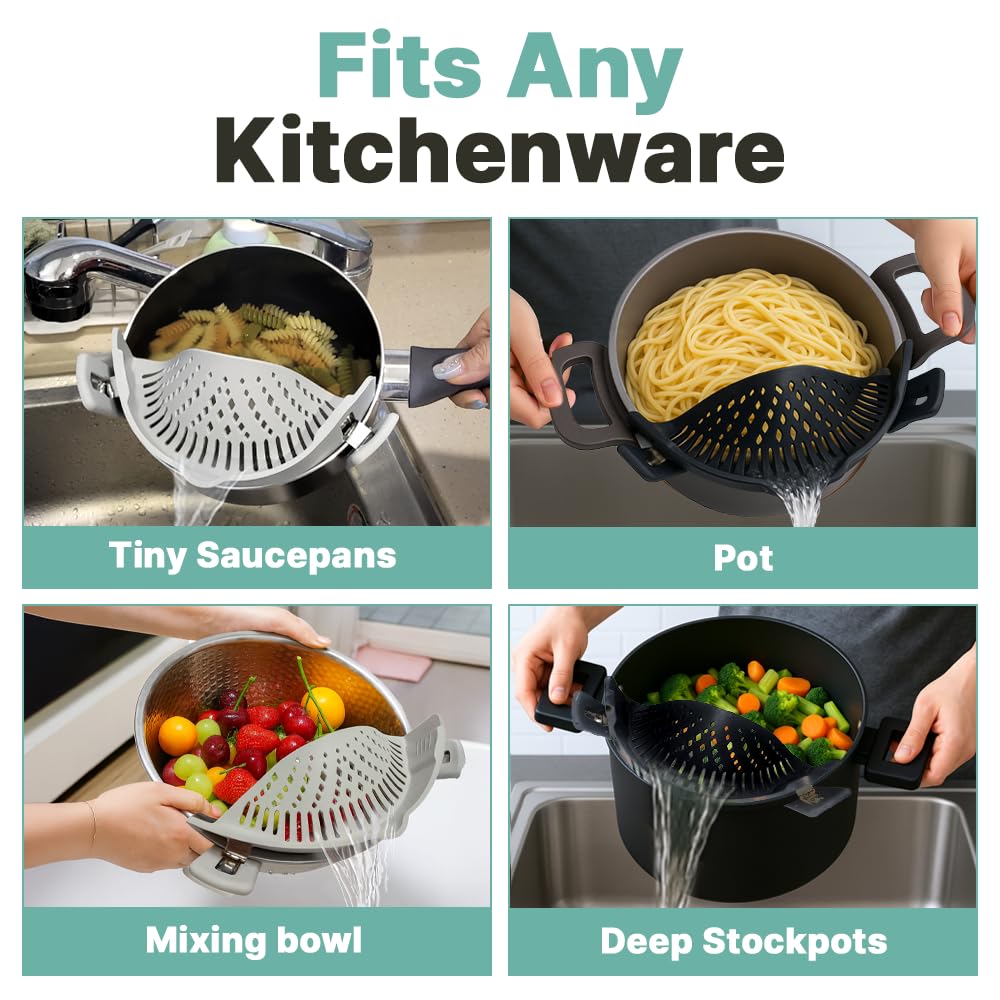 Recohome Silicone Clip On Strainer for Pots and pans, Clip on Food Strainer for Pasta Meat Vegetables Fruit Rice Silicone Kitchen Colander [2-Pack]