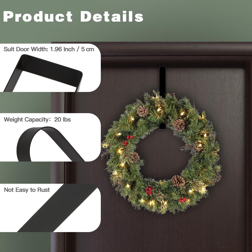 Skiennix Wreath Hangers - 15 Inch Black Metal Over The Door Hooks for Seasonal Decor | 2 Pack