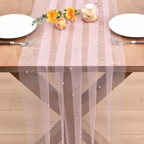 Dlpafzy Blushing Pink Pearl Valentine's Day Table Runner Boho Rustic Tulle Lace Table Runner for Baby Shower Wedding Arch Decor Veil Dessert Table Decor