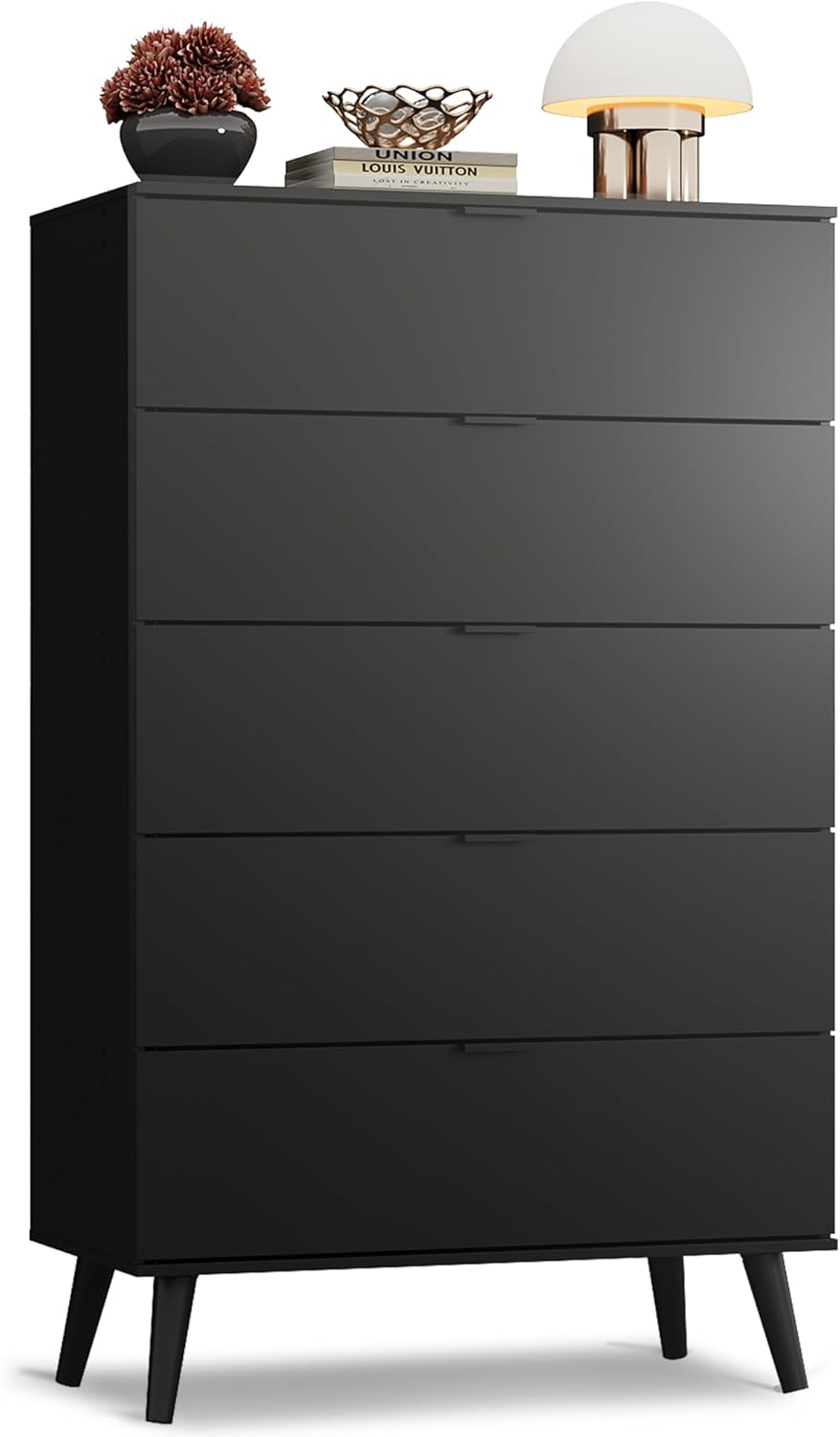 WLIVE 5 Drawer Dresser - Tall Wooden Storage Organizer with Sturdy Metal Handles | Black Finish for Bedroom & Living Room