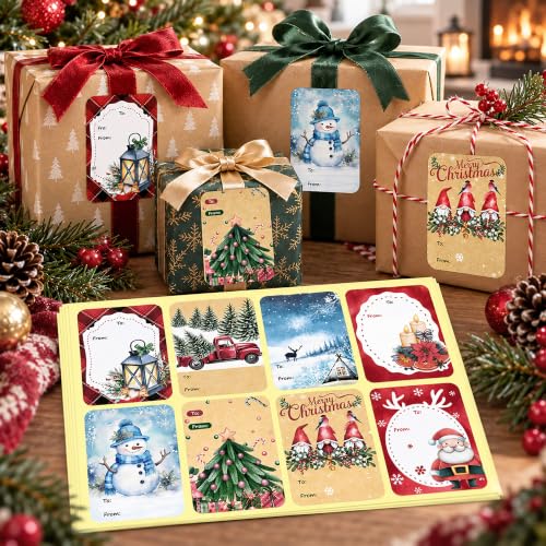 120 Pack Christmas Gift Tag Stickers - 8 Designs, Self-Adhesive Kraft Tags (Variation: Christmas With Snowman)