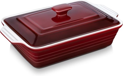 LOVECASA 4.5 Quart Ceramic Casserole Dish - Oven & Dishwasher Safe Lasagna Pan with Lid | Gradient Red