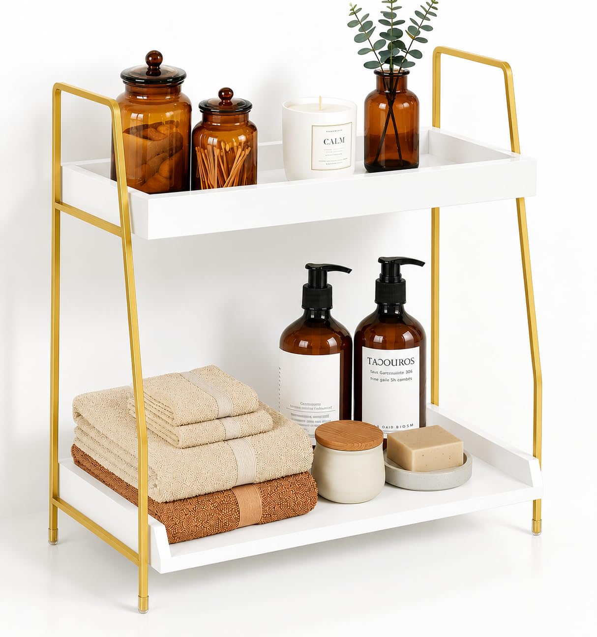 Bathroom Counter Organizer, 2-Tier Makeup Organizer, Wooden Bathroom Organizers and Storage for Skincare Perfume, Stylish Vanity Organizer with Gold Metal Frame for Bath Kitchen Bedroom (White&Gold)