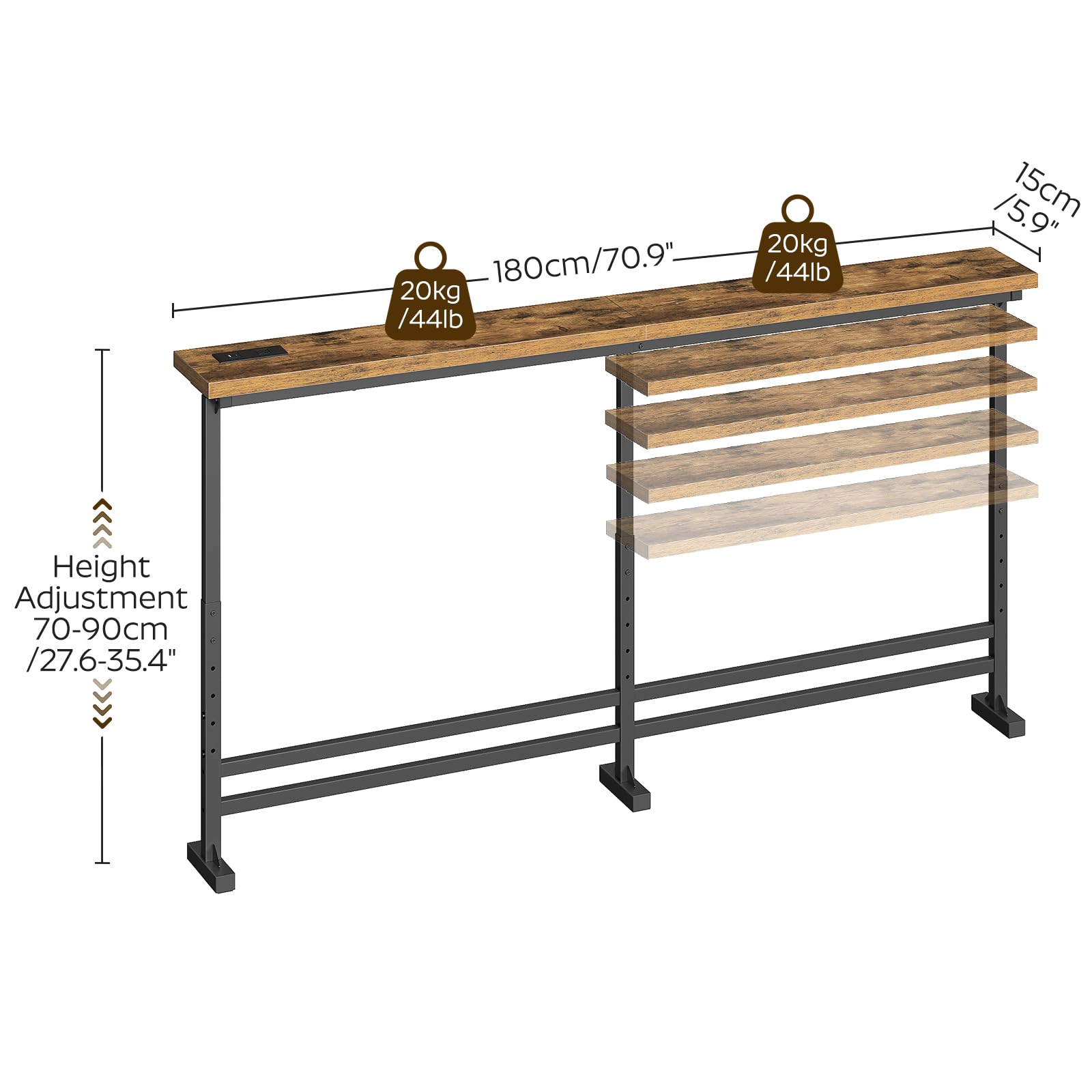 YATINEY 70.9" Console Table with Adjustable Height (27.6"-35.4") and Power Outlet, Skinny Behind Couch Table, Narrow Long Sofa Table for Living Room, Hallway, Entryway, Rustic Brown and Black CT08UBR
