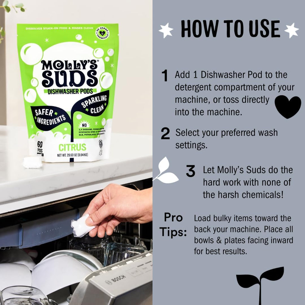Molly's Suds Dishwasher Pods - Residue-Free Detergent for Sparkling Dishes | 60 Unscented Auto-Release Tabs
