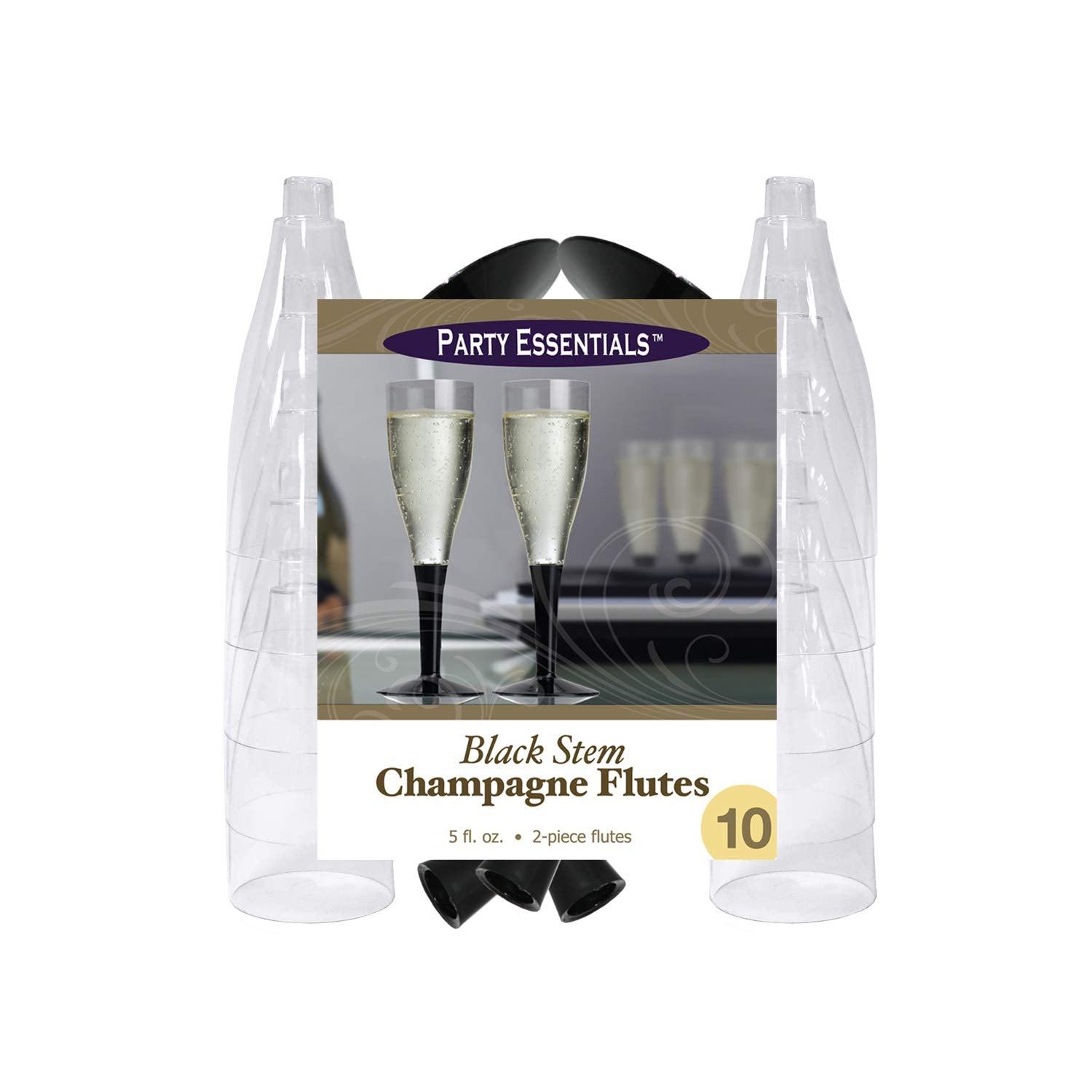 Party Essentials N5221175 2-Piece Stem Champagne Flutes, 5 oz., Clear/Black (Pack of 120)