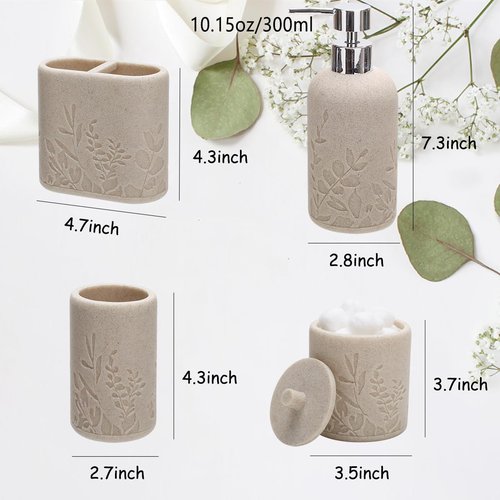 Aksipo Beige Bathroom Accessories Set, 4 Pcs Sturdy Resin Bathroom Accessory Set, Hand Soap Dispenser, Toothbrush Holder Set, Tumbler, Qtip Holder Dispenser, Stylish & Modern Bathroom Decor Set