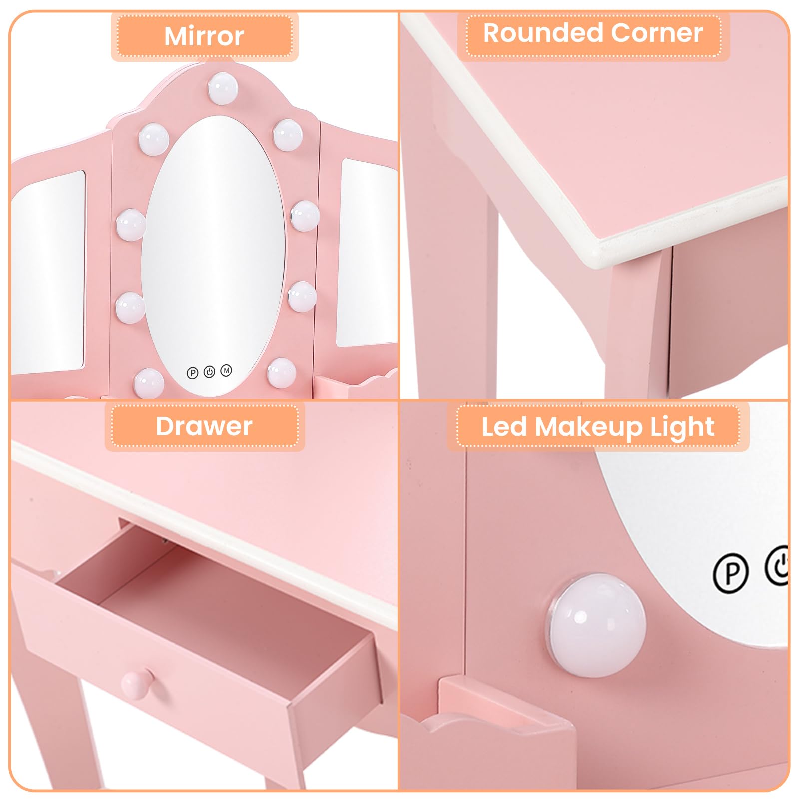Garvee Kids Vanity with Lighted Mirror, Little Girls Vanity Table & Stool, Kids Makeup with Tri-Fold Mirror, Drawer & Storage Grid for 3-9 Yrs Girls, Pink