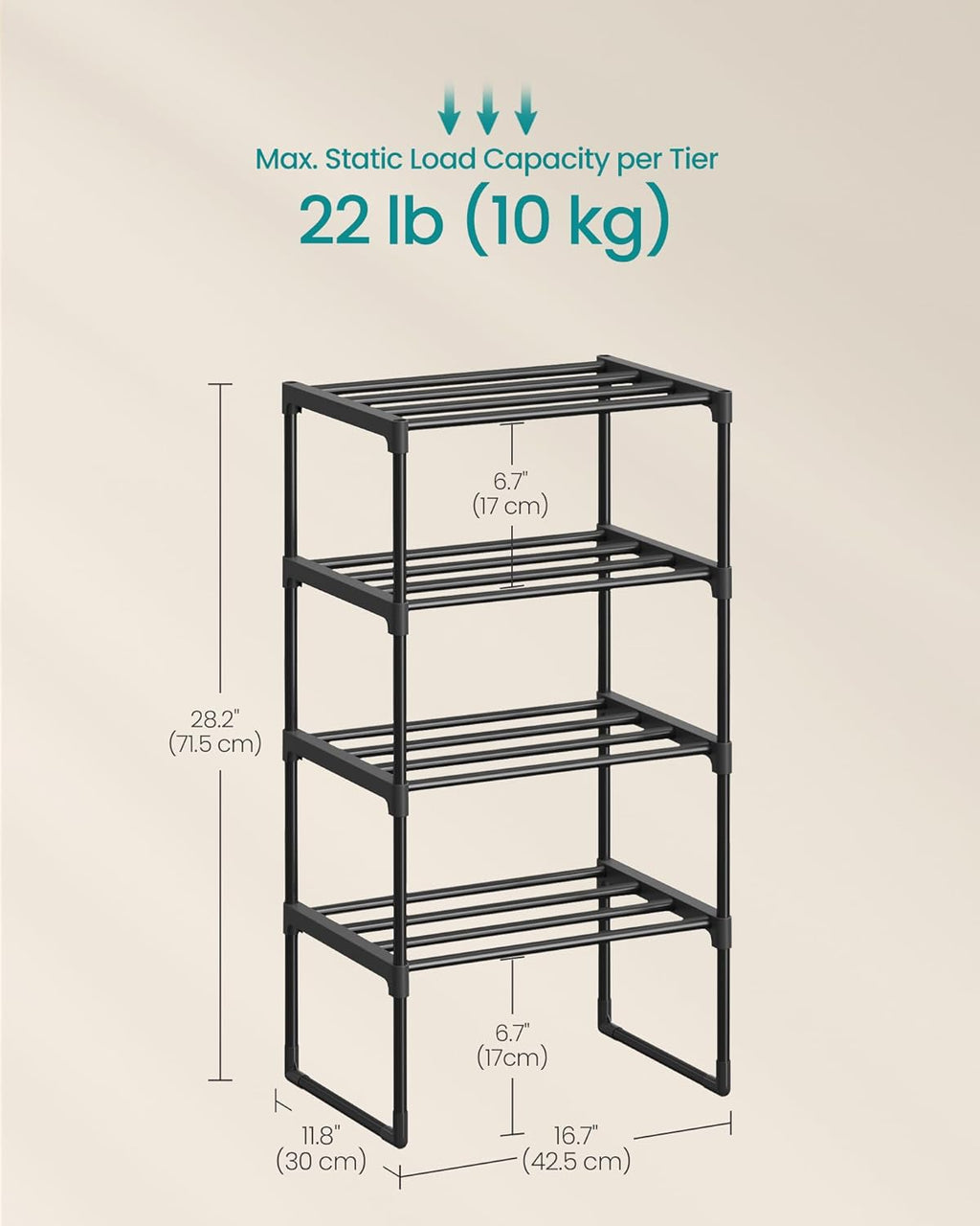 SONGMICS 4-Tier Shoe Rack - Stackable Metal Organizer for 5-10 Pairs | Black, 11.8 x 16.7 x 28.2 Inches