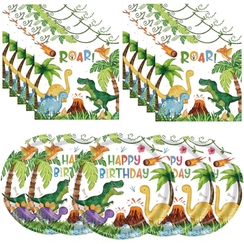 Dinosaur Party Plates and Napkins Set - 40 Pieces Kids Birthday Supplies