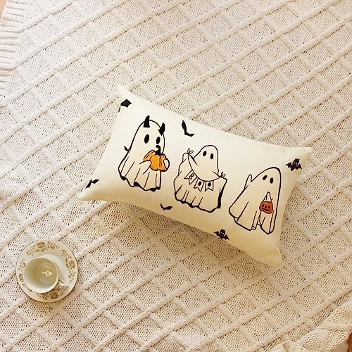 Halloween Ghost & Bat Lumbar Throw Pillow Cover, 12x20 Inch Decorative Case