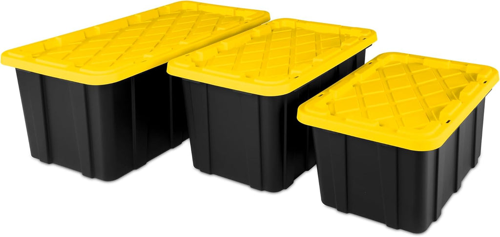 Sterilite 17 Gal Industrial Tote - Stackable Storage Bin with Snap-Fit Lid | Black Base & Yellow Lily Lid, 6-Pack