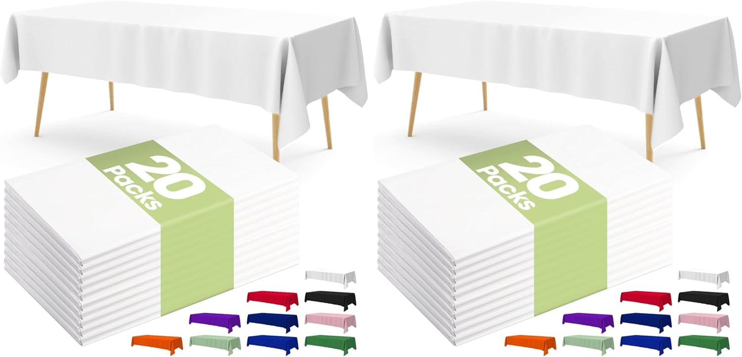 Pureegg Disposable Plastic Tablecloths - 40 Pack, 54 x 108 Inch, Sturdy & Leakproof for Parties, Weddings, Picnics | White