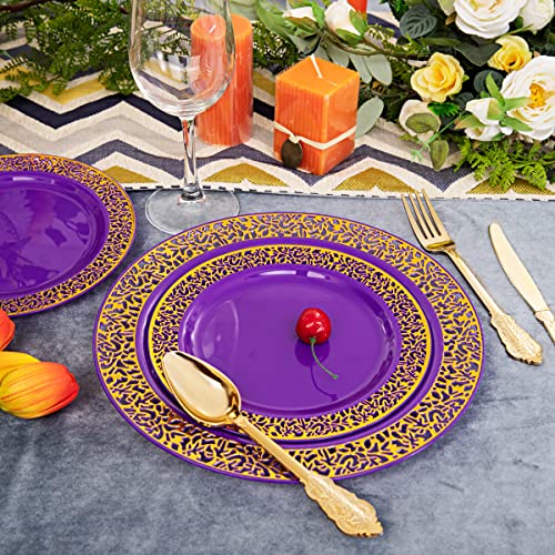 Purple Silver Plastic Dinner Plates with Gold Rim & Silverware Set – 150pcs