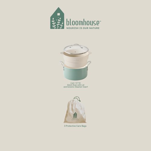 Bloomhouse 6-QT Heavy-Guage Aluminum Dutch Oven w/Non-Stick Non-Toxic Ceramic Interior and Ceramic Steamer Insert - Sage Green