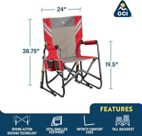 GCI Outdoor Stowaway Rocker - Comfortable Folding Chair in Varsity Red/Gray for Easy Transport