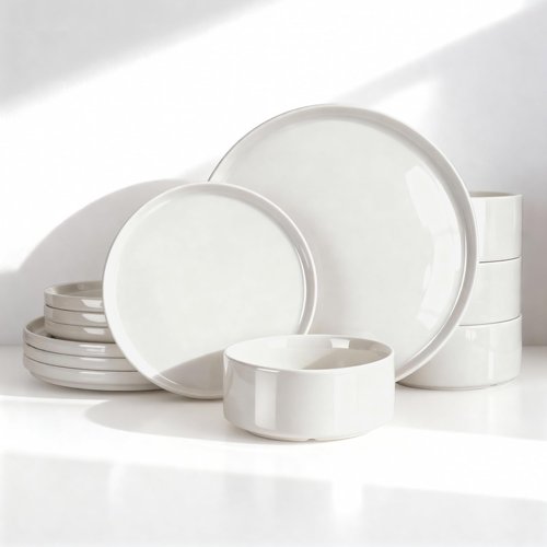Famiware Porcelain Dinnerware Set, 12-Piece Modern Plate and Bowl Set, Dish Set for 4, Microwave and Dishwasher Safe Tableware, White