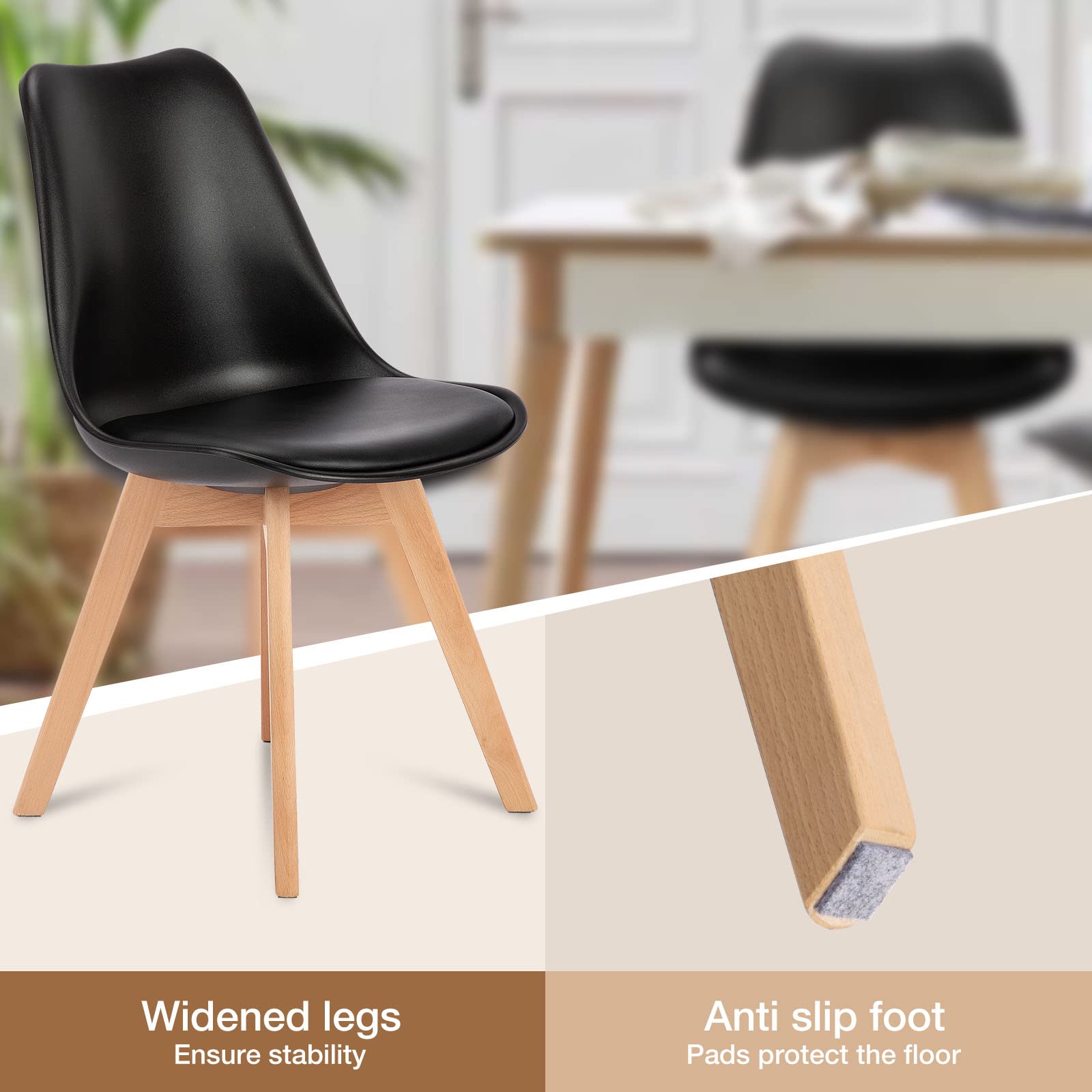 OLIXIS Set of 4 Dining Kitchen Mid-Century Modern Chairs with Wood Legs and PU Leather Cushion for Living Room Bedroom Outdoor Lounge, Black