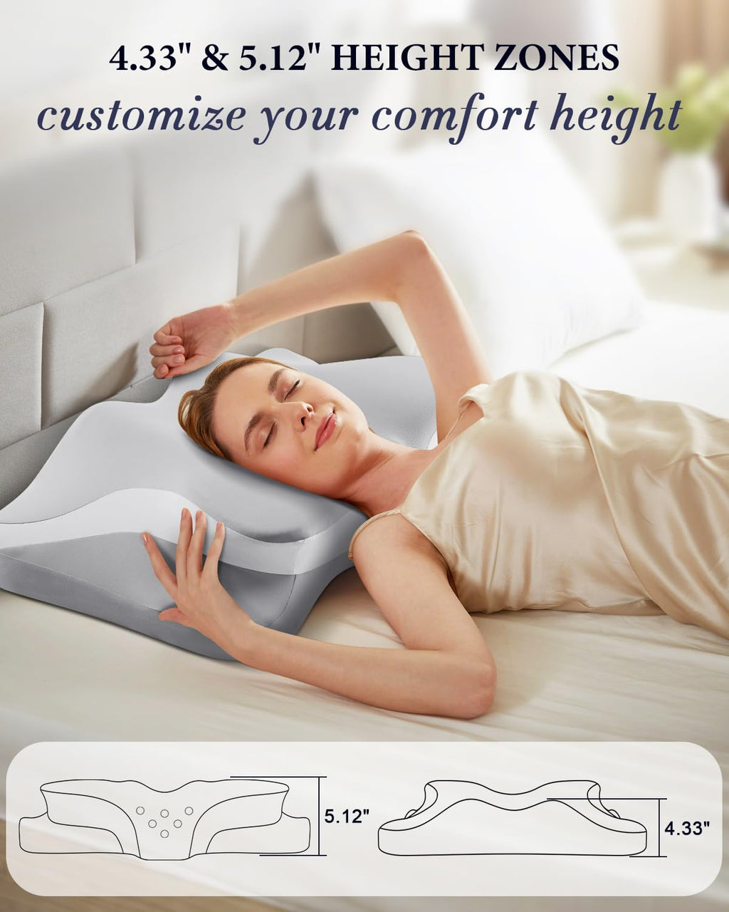 Cervical Neck Pillow for Pain Relief, Cooling Ergonomic Memory Foam Pillows for Sleeping with Breathable Pillowcase, Contour Deep Sleep Neck Support Pillow for Side Back Stomach Sleepers-Light Grey