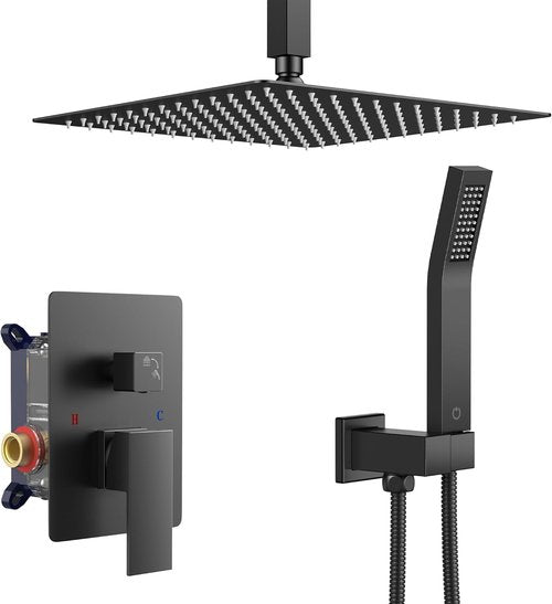 FORIOUS Rain Shower Head System - 10 Inch Matte Black Faucet Set with Handheld Spray & Solid Brass Valve